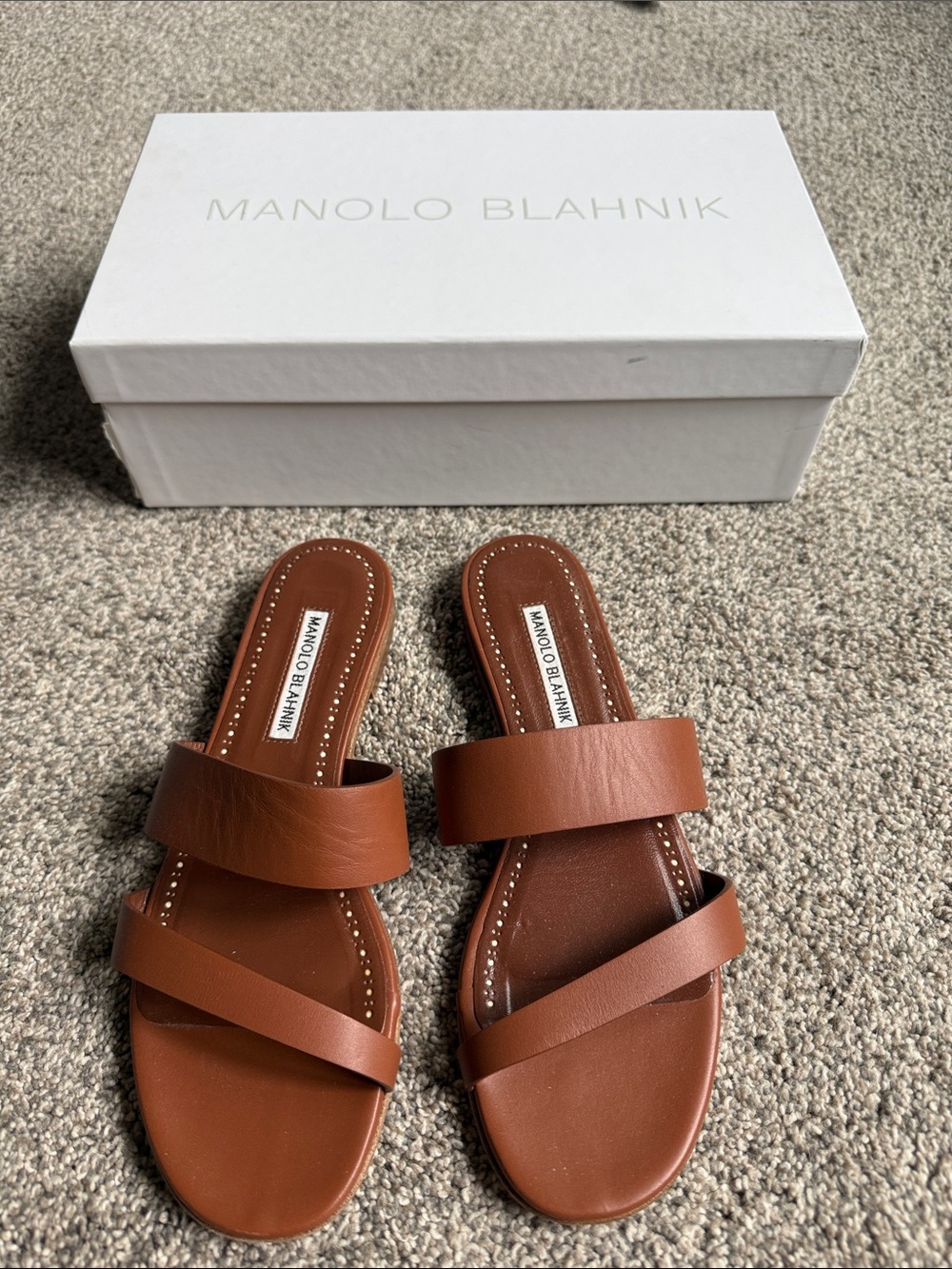 Manolo Blahnik Cognac Leather Double-Strap Slide Sandals